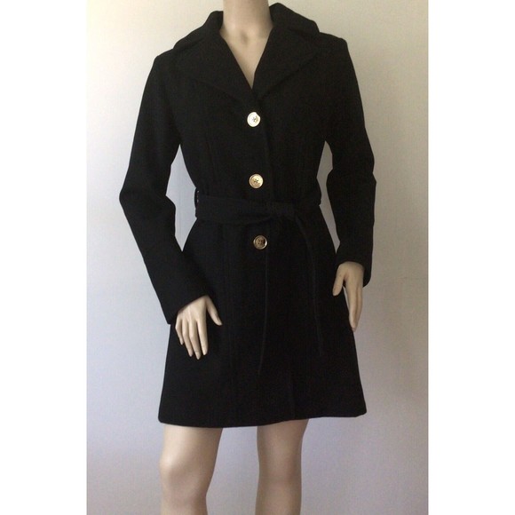 Michael MICHAEL KORS Black Wool Hooded 3 Gold Button Coat (Size 6) - Picture 1 of 14